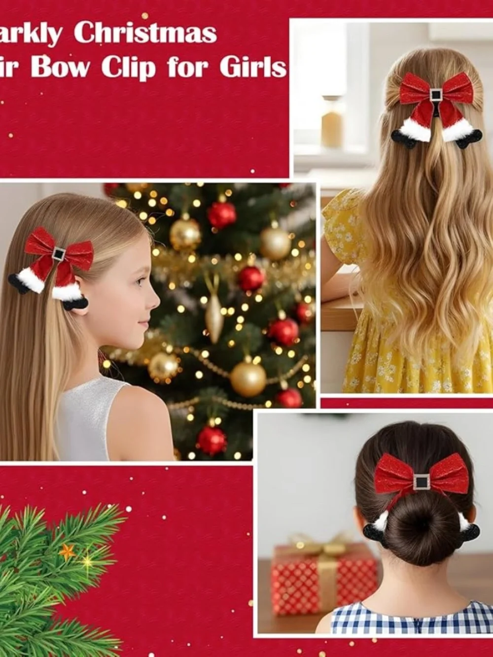 Christmas Glitter Bow Hair Clips Set of 2 Red Green Sequin Santa Holiday NWOT